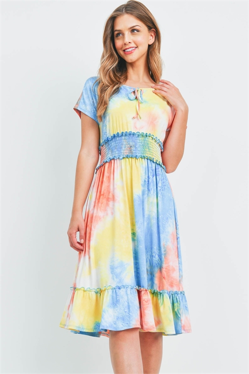 S10-19-3-PPD1187-CRLBRYLWTQ-1 - TIE DYE FRONT RIBBON SMOCKED WAIST RUFFLE HEM DRESS- CORAL-BR. YELLOW-TURQUOISE 0-0-2-0