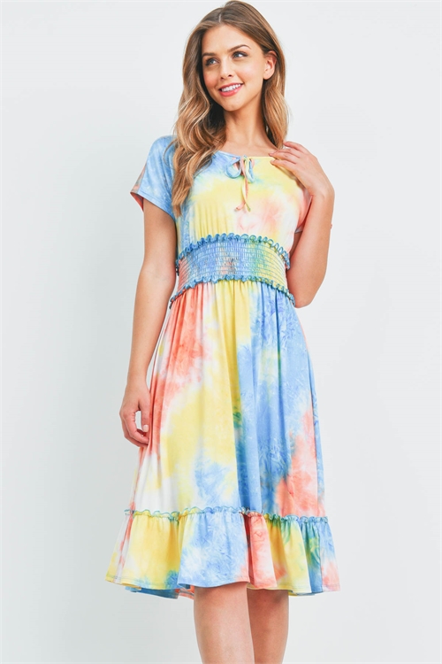 SA3-4-3-PPD1187-CRLBRYLWTQ - TIE DYE FRONT RIBBON SMOCKED WAIST RUFFLE HEM DRESS- CORAL-BR. YELLOW-TURQUOISE 1-2-2-2(NOW $6.75 ONLY!)
