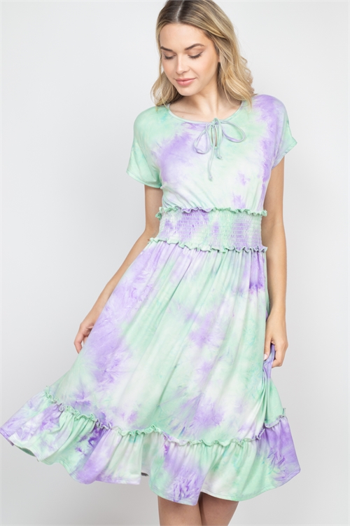 SA3-000-1-PPD1188-MNTNWLLCWT - SMOCKED WAIST RIBBON DETAIL NECKLINE TIE DYE DRESS- MINT NEW-LILAC-WHITE 1-2-2-2