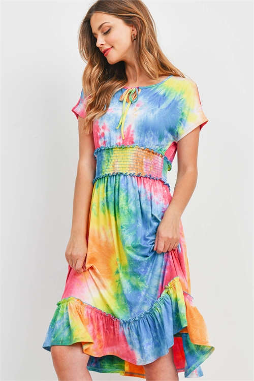 SA3-00-2-PPD1188-TQHTPBYLW - SMOCKED WAIST RIBBON DETAIL NECKLINE TIE DYE DRESS- TURQUOISE-HOT PINK-B. YELLOW 1-2-2-2