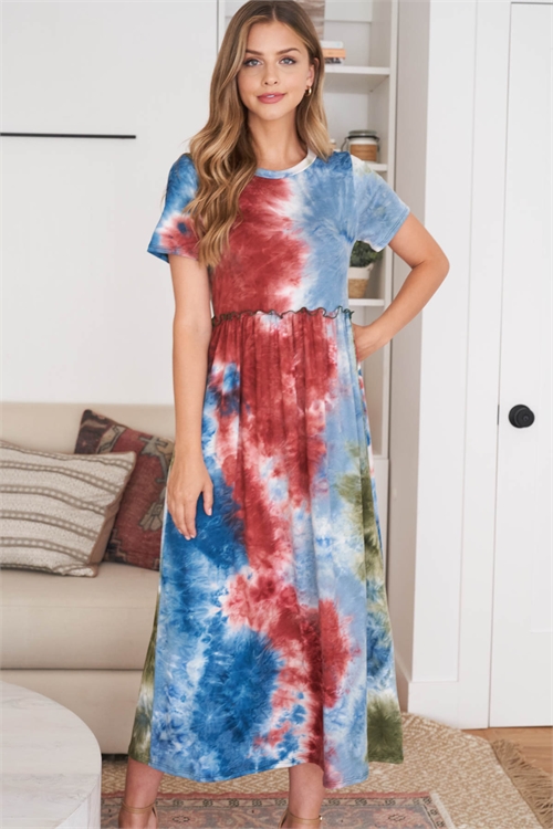 S15-12-3-PPD1189-TLBUOV-1 - CINCH RUFFLE WAIST TIE DYE MAXI DRESS- TEAL-BURGUNDY-OLIVE 0-2-2-2