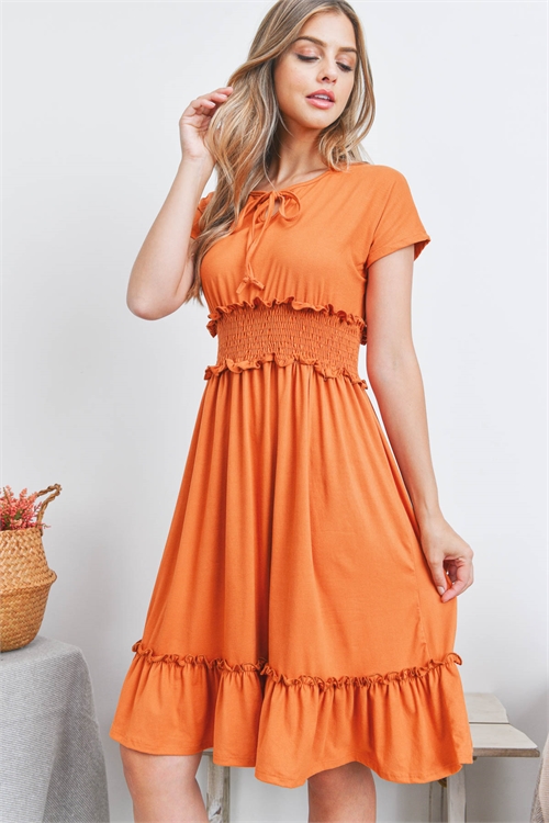 S8-12-3-PPD1190-IOD-1 - RIBBON DETAIL NECKLINE SMOCKED WAIST SOLID DRESS- IODINE 1-3-1-2