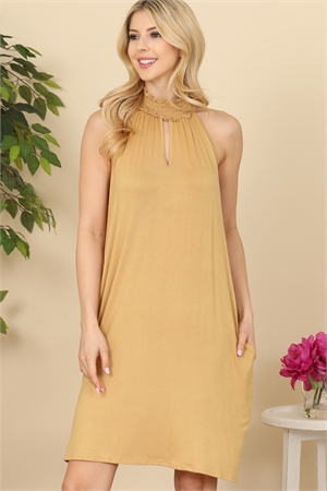 S8-8-3-PPD1192-CML - SMOCKED HALTER NECKLINE KEYHOLE JERSEY DRESS- CAMEL 1-2-2-2