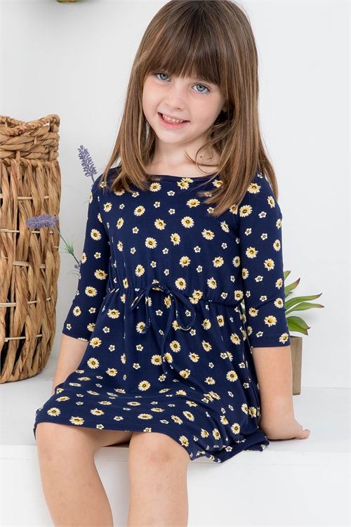 SA3-6-4-PPD1194T-NVYLW - KIDS GIRLS QUARTER SLEEVE CINCH WAIST FLORAL DRESS- NAVY-YELLOW 2-2-2-2