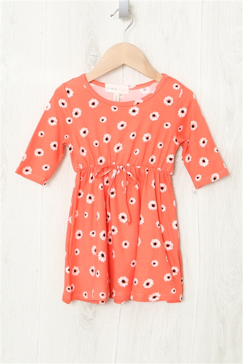 S7-7-4-PPD1195T-CRLBK - KIDS GIRLS QUARTER SLEEVE FLORAL  CINCH WAIST DRESS- CORAL-BLACK 2-2-2-2