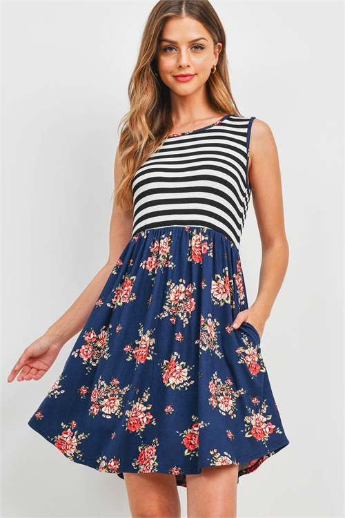 S14-12-4-PPD1196-NVBKIV-1 - SLEEVELESS STRIPES TOP FLORAL HEM A-LINE MINI DRESS- NAVY-BLACK/IVORY 0-2-2-2