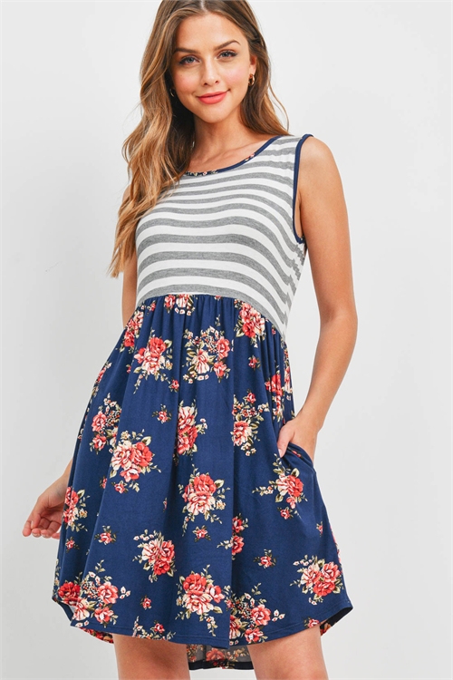 S13-10-3-PPD1196-NVHGIV-1 - SLEEVELESS STRIPES TOP FLORAL HEM A-LINE MINI DRESS- NAVY-HEATHER/IVORY 0-2-2-2