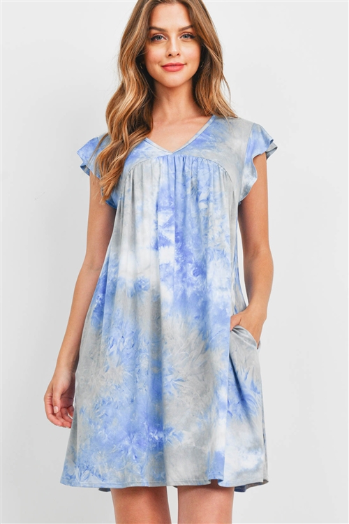 S11-15-3-PPD1199-SLVBL-1 - CAP SLEEVE TIE DYE POCKET ABOVE KNEE DRESS- SILVER BLUE 0-1-3-0