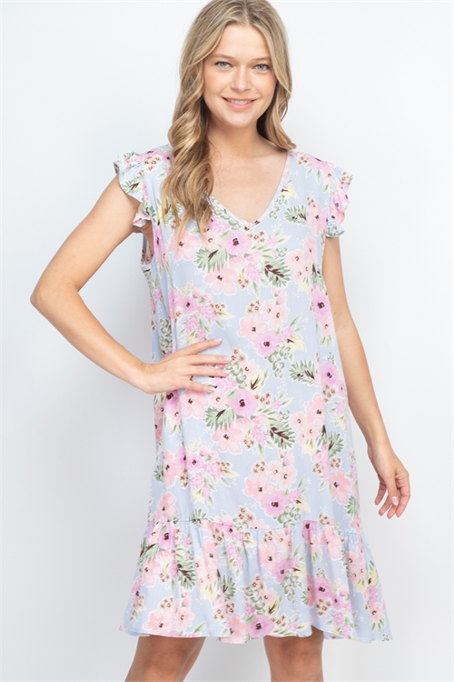 OS-PPD1203-GYSHBLLLC - RUFFLE CAP SLEEVE AND HEM V-NECK FLORAL DRESS- GREYHISH BLUE/LILAC (Out of Stock; No More Incoming)