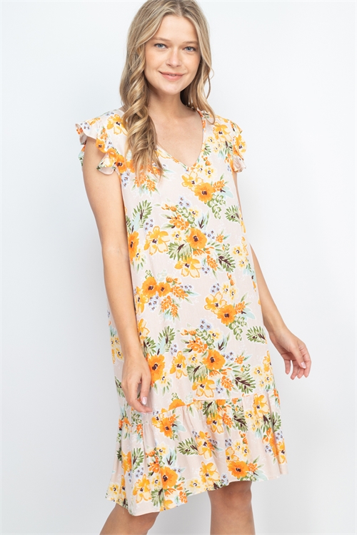 S10-14-3-PPD1203-RSTNTRGN-1 - RUFFLE CAP SLEEVE AND HEM V-NECK FLORAL DRESS- ROSE TAN/TANGERENE 0-2-2-2