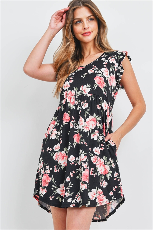 C14-B-PPD1206-BK-A - V-NECK RUFFLE CAP SLEEVE FLORAL ROUND HEM DRESS- BLACK  0-0-4-6