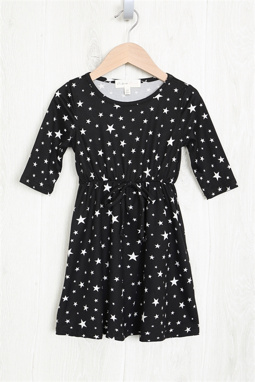 S9-20-3-PPD1207T-BK-1 - KIDS GIRLS QUARTER SLEEVE STAR PRINT DRESS- BLACK 3-1-0-0