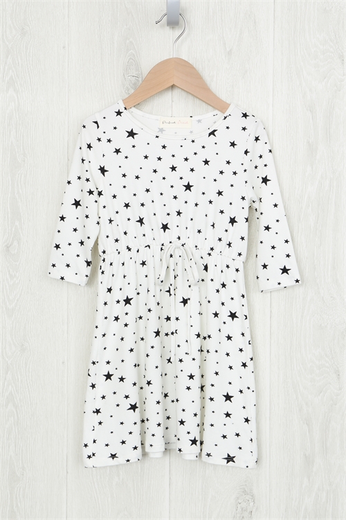 S9-20-3-PPD1207T-IV-1 - KIDS GIRLS QUARTER SLEEVE STAR PRINT DRESS- IVORY 1-1-2-0