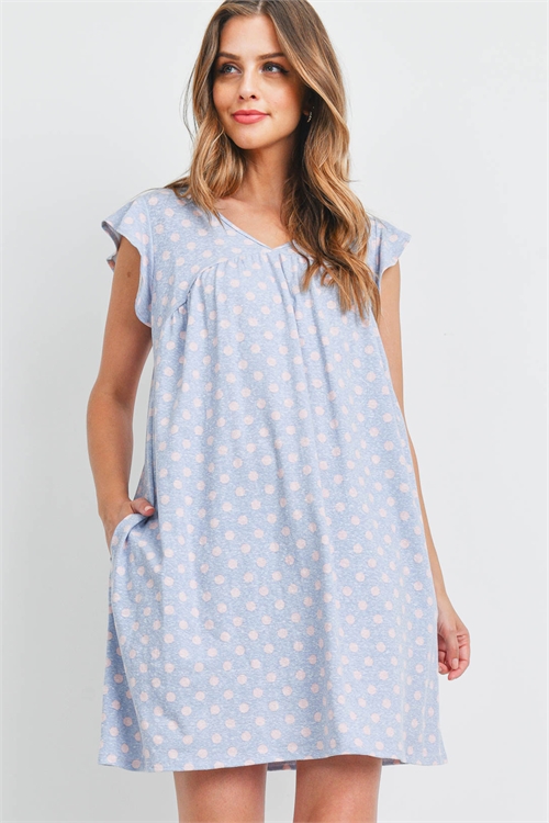 S13-7-1-PPD1212-DNMPK - V-NECK CAP SLEEVE POLKA DOT POCKET DRESS- DENIM-PINK 1-2-2-2