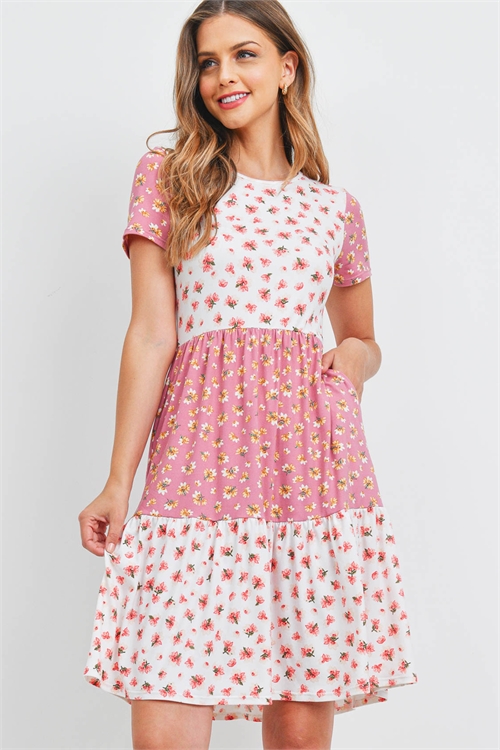 S11-16-2-PPD1216-IVRDBLS - FLORAL CONTRAST TIERED RUFFLE DRESS- IVORY-RED/BLUSH 1-2-2-2 (NOW $9.50 ONLY!)