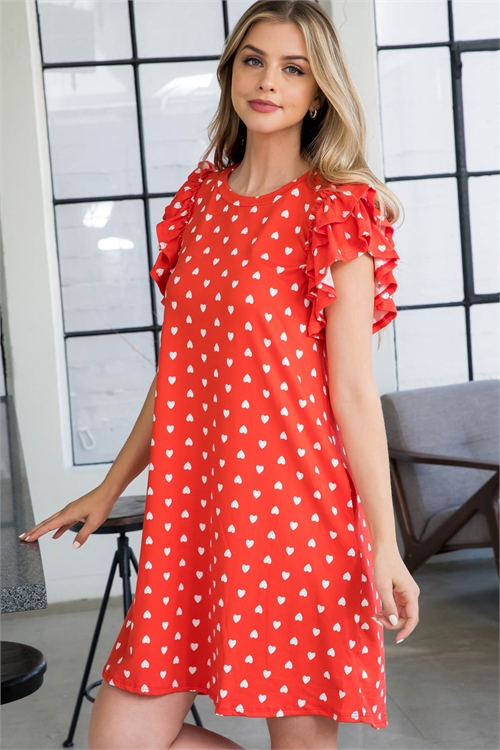 S12-2-2-PPD1219-RDCB - LAYERED RUFFLE SLEEVE HEART PRINT POCKET DRESS- RED COMBO 1-2-2-2