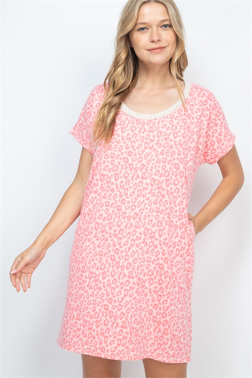 S16-2-1-PPD1222-CRLOTM - RIB ROUND NECK LEOPARD POCKET DRESS- CORAL OATMEAL 1-2-2-2 (NOW $4.00 ONLY!)