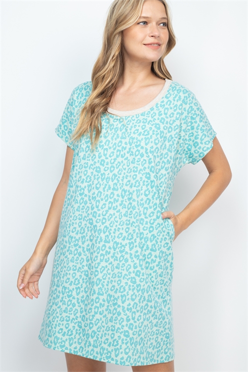 S16-2-1-PPD1222-MNTOTM - RIB ROUND NECK LEOPARD POCKET DRESS- MINT OATMEAL 1-2-2-2  (NOW $4.00 ONLY!)