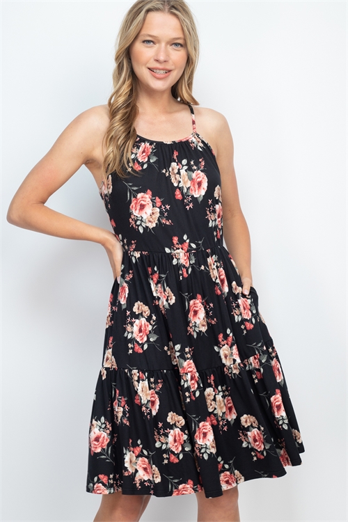 S14-11-3-PPD1225-BK-1 - CAMI STRAP FLORAL TIERED RUFFLE DRESS- BLACK 0-2-1-2
