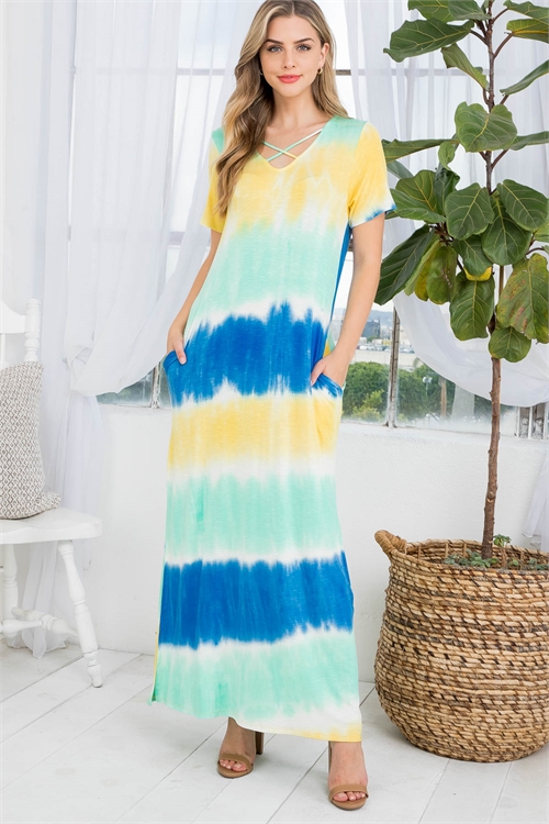 S10-16-2-PPD1227-BL-1 - TIE DYE CRISS CROSS NECK MAXI POCKET DRESS- BLUE 0-2-2-2