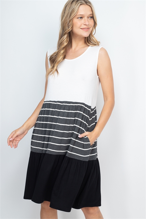 SA4-7-2-PPD1230-IV2TCHLIVBK - COLOR BLOCK STRIPE CONTRAST SLEEVELESS POCKET DRESS- IVORY/2TONE CHAROCOAL-IVORY/BLACK 0-1-2-2