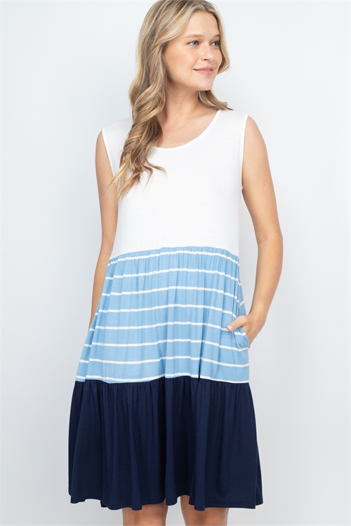 S10-14-2-PPD1230-IVIDGIVNV-1 - COLOR BLOCK STRIPE CONTRAST SLEEVELESS POCKET DRESS- IVORY/INDIGO-IVORY/NAVY 0-0-1-1