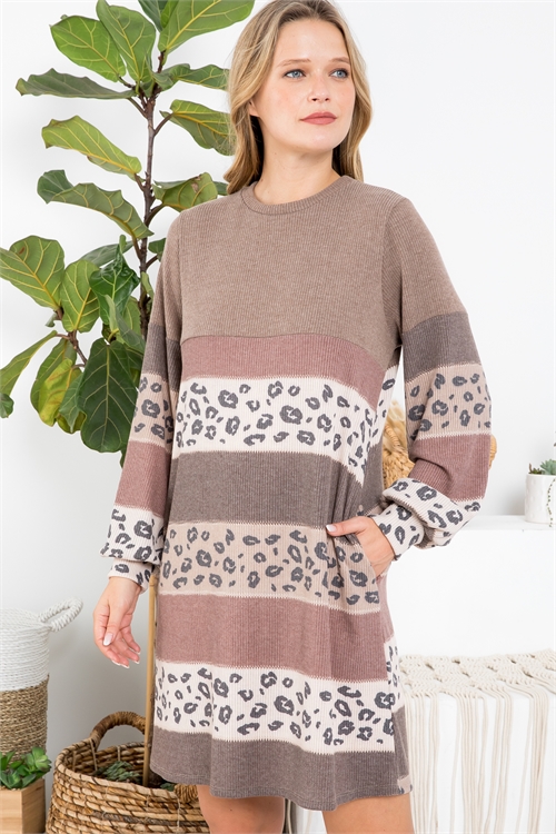 S11-16-3-PPD1244-MCTNCHCIV - RIB COLOR BLOCK ANIMAL CONTRAST PUFF SLEEVE DRESS- MOCHA/TAN-CHOCO-IVORY/IVORY 1-2-2-2