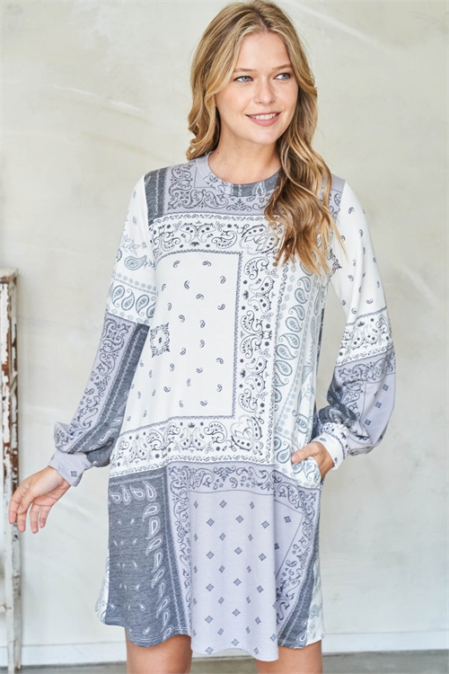 S8-8-3-PPD1247-HTCHL - LONG SLEEVE PAISLEY PRINT DRESS WITH INSEAM POCKET- HEATHER-CHARCOAL 1-2-2-2