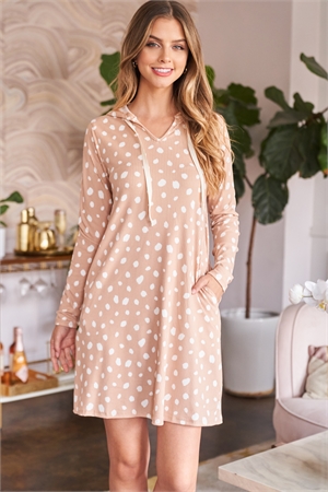 SA4-4-1-PPD1252-TP - ANIMAL PRINT LONG SLEEVE SELF TIE HOODIE DRESS- TAUPE 1-2-2-2