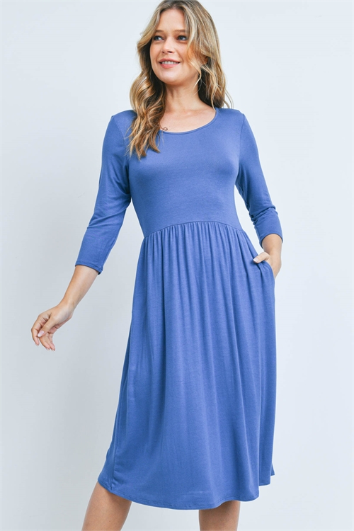 S10-20-2-PPD1254-IDG-1 - QUARTER SLEEVE A-LINE SOLID DRESS- INDIGO 0-0-1-1