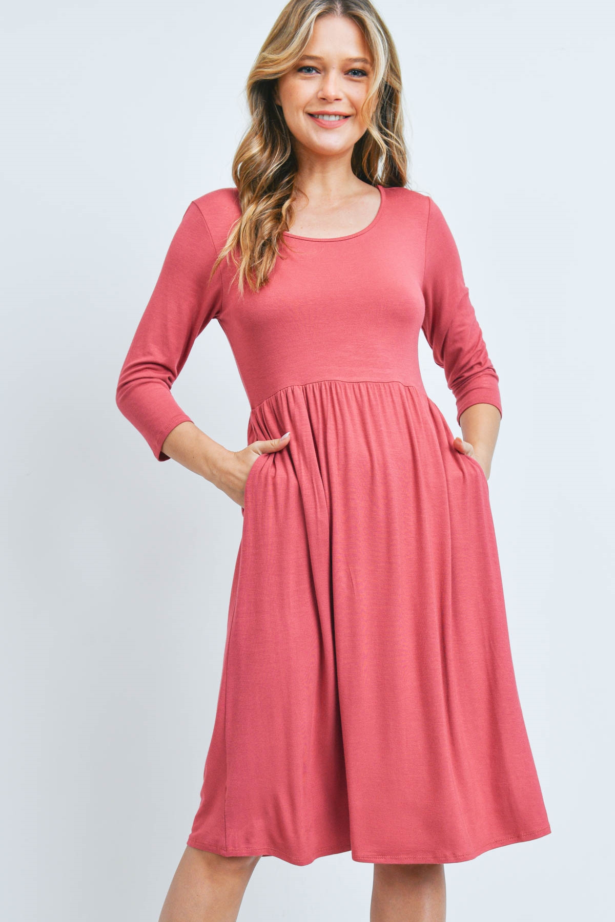 SA3-00-1-PPD1254-MAR - QUARTER SLEEVE A-LINE SOLID DRESS- MARSALA 1-2-2-2