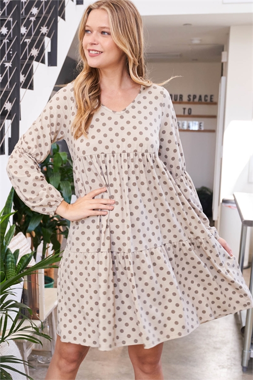 S8-9-2-PPD1255-TP - V-NECK  LONG SLEEVE POLKA DOT TIERED RUFFLE DRESS- TAUPE 1-2-2-2