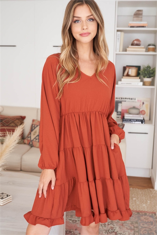 S9-14-3-PPD1257-RU - PUFF SLEEVE V-NECK ELASTIC WAIST TIERED DRESS- RUST 1-2-2-2