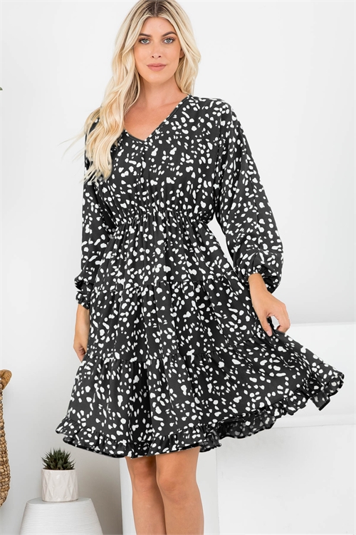 BLK6-2-PPD1264-BKCRM-A - V-NECK LEOPARD PUFF SLEEVE TIERED DRESS- BLACK-CREAM 0-2-1-0