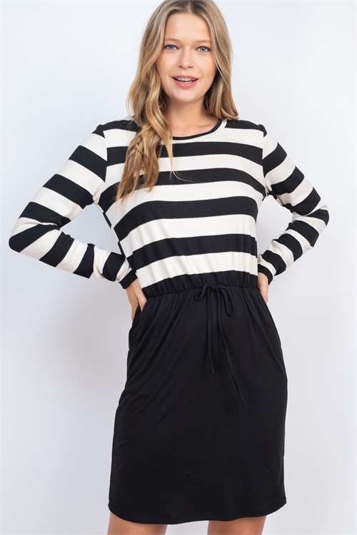 S10-7-1-PPD1265-CRMBK - OAKLEY STRIPE TOP ELASTIC WAIST SOLID HEM DRESS - CREAM/BLACK 1-2-2-2