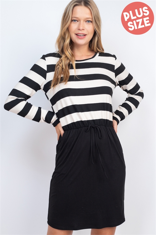 S13-10-3-PPD1265X-CRMBK-1 - PLUS SIZE OAKLEY STRIPE TOP ELASTIC WAIST SOLID HEM DRESS - CREAM/BLACK 2-2-1