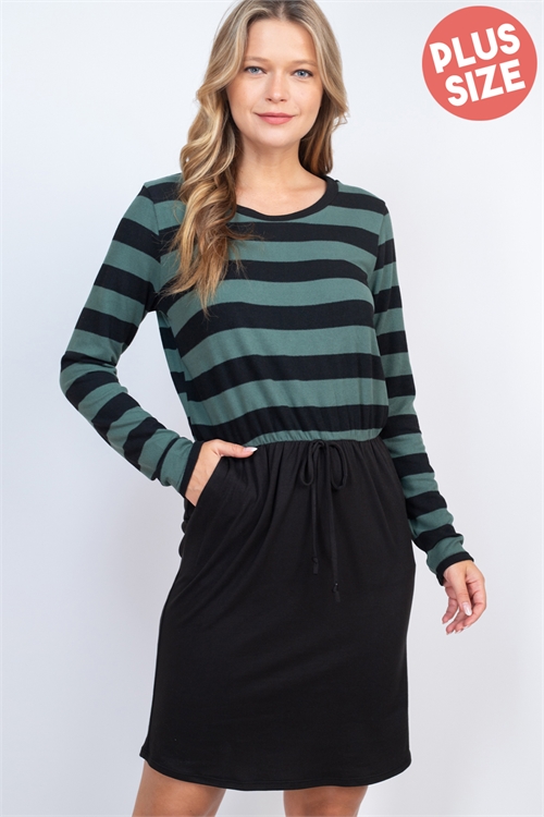 S13-10-3-PPD1265X-FGBK-1 - PLUS SIZE OAKLEY STRIPE TOP ELASTIC WAIST SOLID HEM DRESS - FOREST GREEN/BLACK 2-2-1