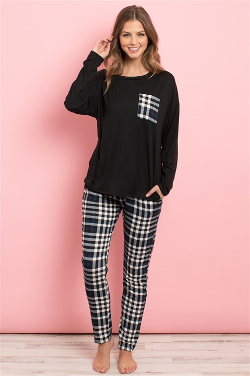 S13-10-3-PPP4004-BKIVNV - SOLID TOP PLAID POCKET AND JOGGERS SET WITH SELF TIE- BLACK/IVORY/NAVY 1-2-2-2