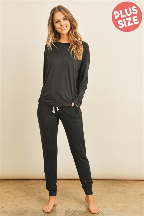 S10-3-4-PPP4005X-BK - PLUS SIZE SOLID BRUSHED TOP AND JOGGERS SET WITH SELF TIE- BLACK 3-2-1