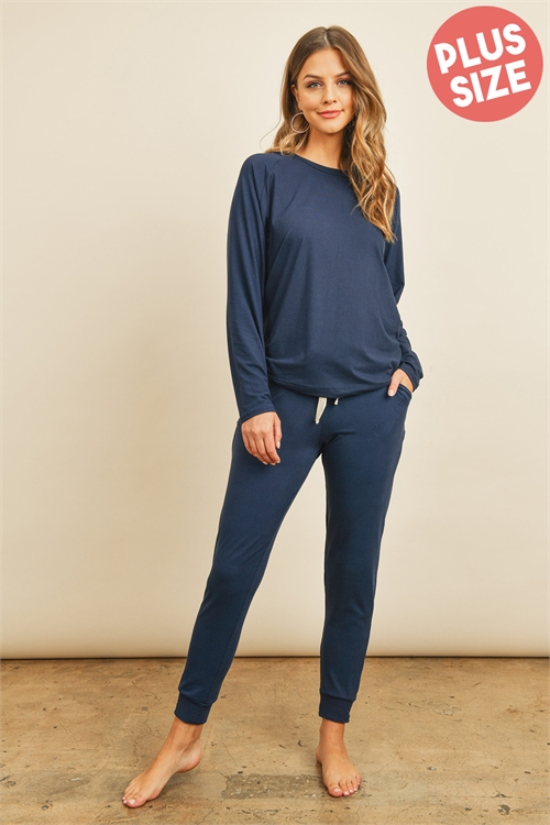 S16-4-4-PPP4005X-NV-1 - PLUS SIZE SOLID BRUSHED TOP AND JOGGERS SET WITH SELF TIE- NAVY 2-2-1