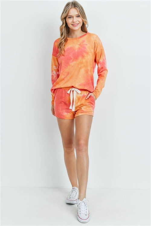 S11-20-3-PPP4006-CRL - TIE DYE TOP AND SHORTS SET WITH SELF TIE- CORAL 1-2-2-2