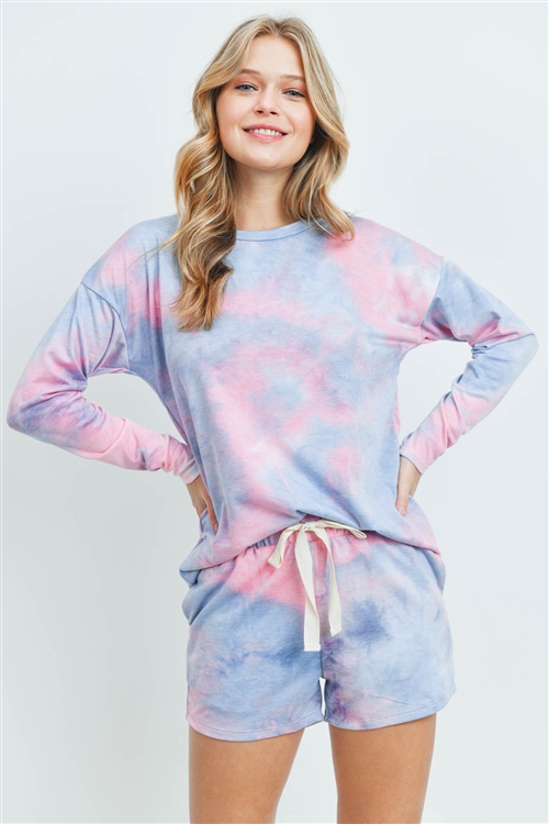 S10-16-3-PPP4006-PKDNM - TIE DYE TOP AND SHORTS SET WITH SELF TIE- PINK/DENIM 1-2-2-2