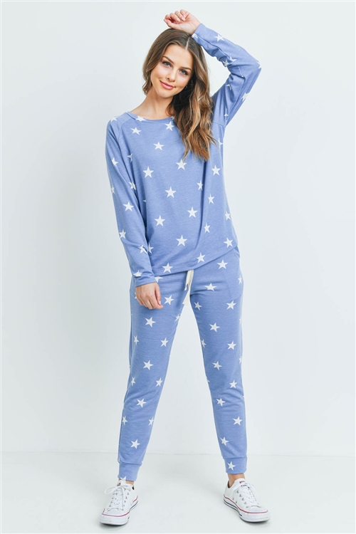 S14-9-4-PPP4008-BLWT-1 - STAR PRINT TOP AND JOGGERS SET WITH SELF TIE- BLUE/WHITE 0-1-2-2