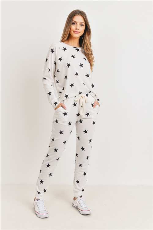 S14-9-4-PPP4008-IVBK-1 - STAR PRINT TOP AND JOGGERS SET WITH SELF TIE- IVORY/BLACK 0-2-1-2