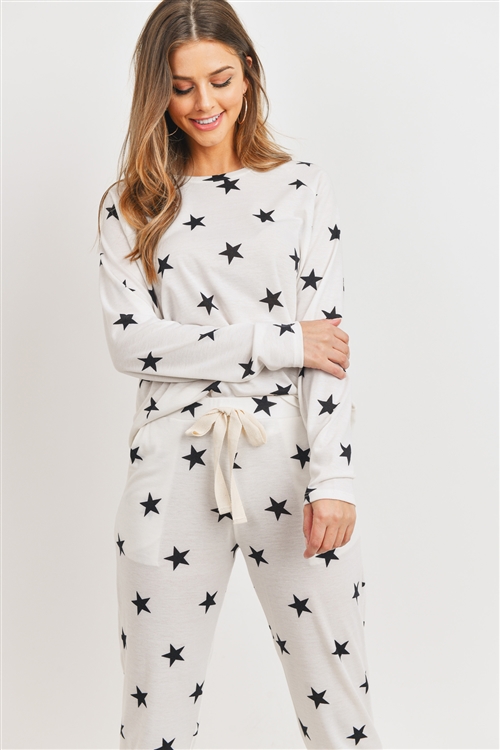 S13-2-1-PPP4008-IVBK - STAR PRINT TOP AND JOGGERS SET WITH SELF TIE- IVORY/BLACK 1-2-2-2