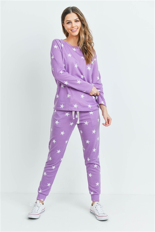 S14-9-4-PPP4008-LVDWT-1 - STAR PRINT TOP AND JOGGERS SET WITH SELF TIE- LAVENDER/WHITE 0-2-1-1