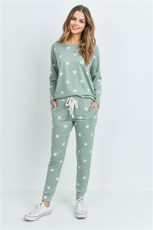 S14-9-4-PPP4008-MNTWT-1 - STAR PRINT TOP AND JOGGERS SET WITH SELF TIE- MINT/WHITE 0-2-2-2