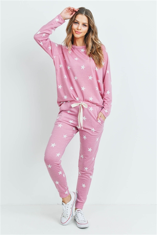 S14-9-4-PPP4008-MVWT-1 - STAR PRINT TOP AND JOGGERS SET WITH SELF TIE- MAUVE/WHITE 0-2-1-2