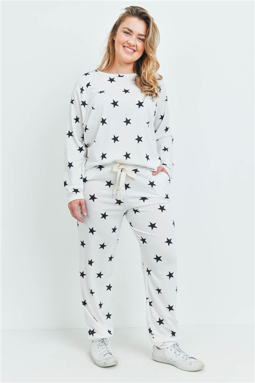 S15-9-1-PPP4008X-IVBK - PLUS SIZE STAR PRINT TOP AND JOGGERS SET WITH SELF TIE- IVORY/BLACK 1-2-0