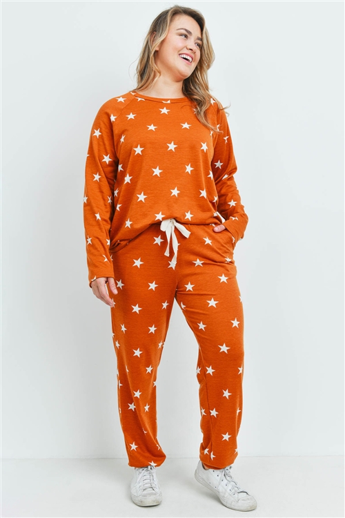 S16-10-4-PPP4008X-TRCT - PLUS SIZE STAR PRINT TOP AND JOGGERS SET WITH SELF TIE- TERRACOTA 2-1-1